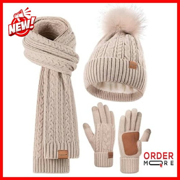 Fleece Lined Pom Pom Beanie Touchscreen Gloves Scarf Winter Set main image 8